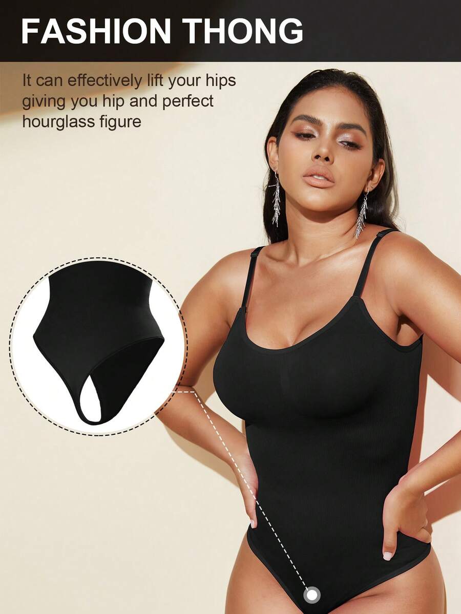 Brown seamless shapewear bodysuit featuring backless design, thong bottom, non-removable padding, and high-stretch fabric for tummy and waist control.