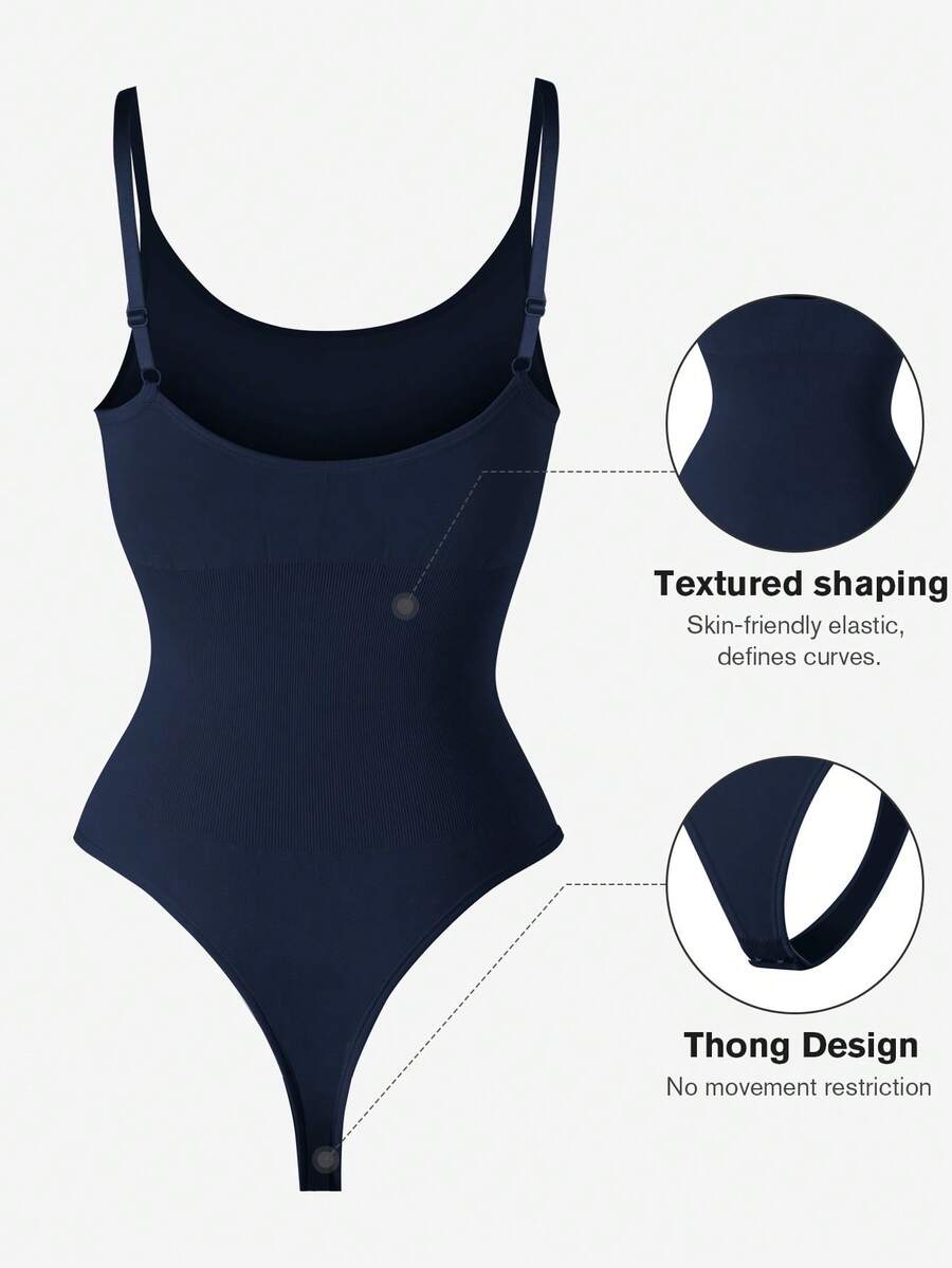 Brown seamless shapewear bodysuit featuring backless design, thong bottom, non-removable padding, and high-stretch fabric for tummy and waist control.
