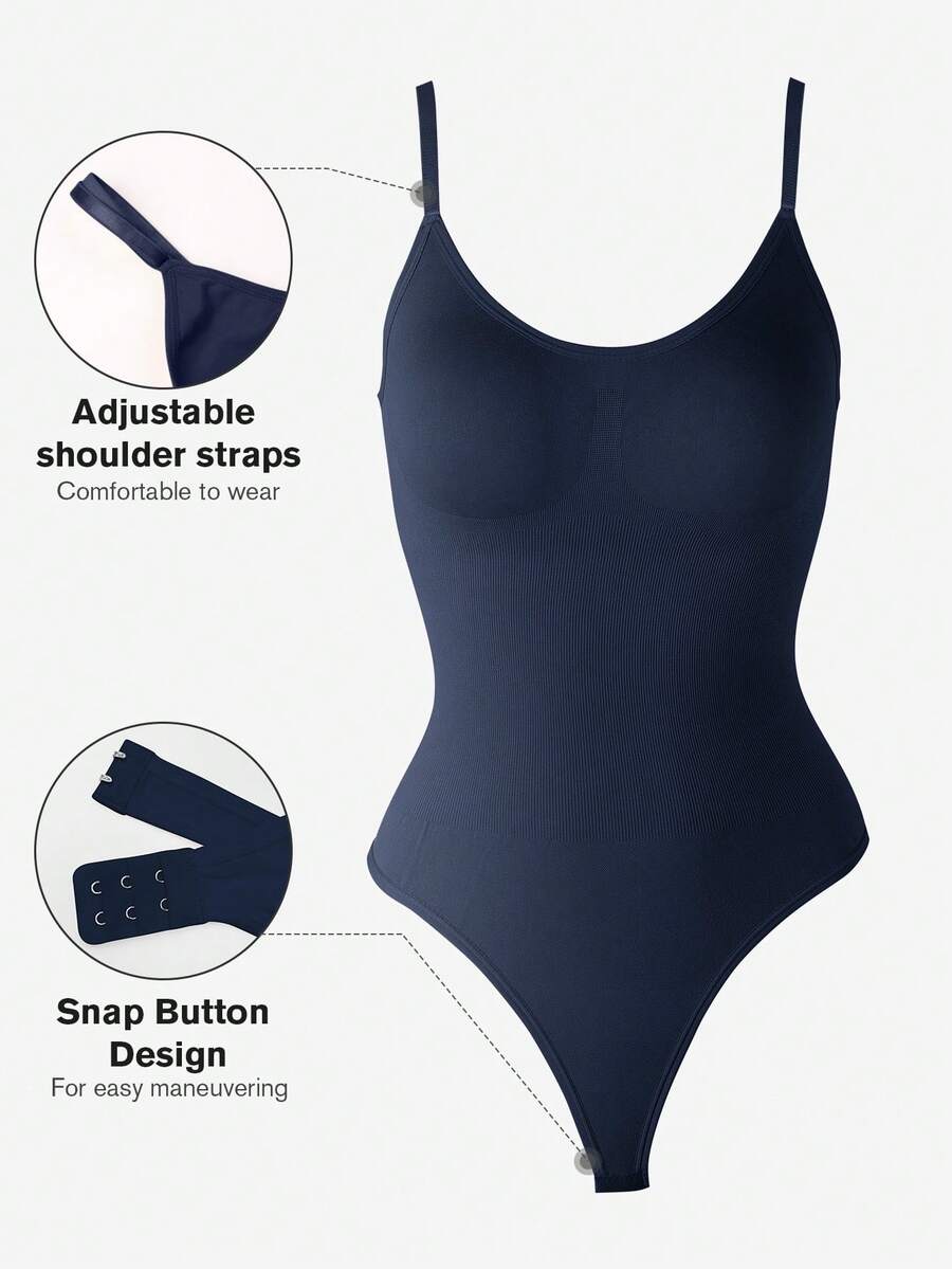 Brown seamless shapewear bodysuit featuring backless design, thong bottom, non-removable padding, and high-stretch fabric for tummy and waist control.
