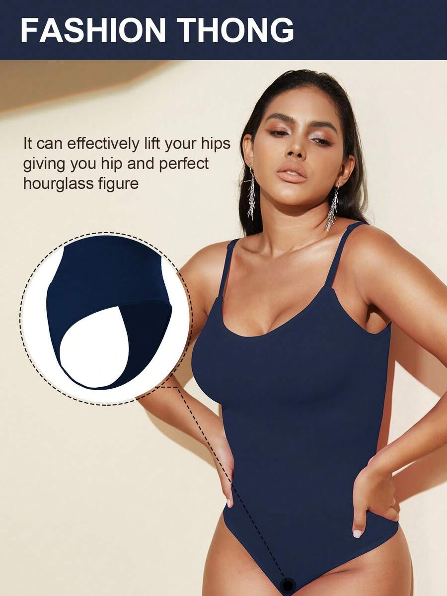 Brown seamless shapewear bodysuit featuring backless design, thong bottom, non-removable padding, and high-stretch fabric for tummy and waist control.