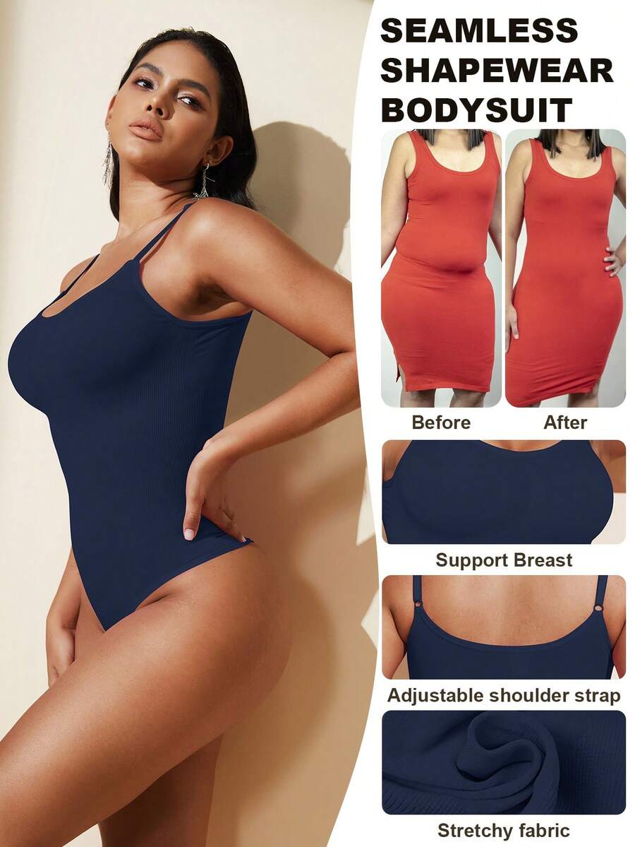Brown seamless shapewear bodysuit featuring backless design, thong bottom, non-removable padding, and high-stretch fabric for tummy and waist control.