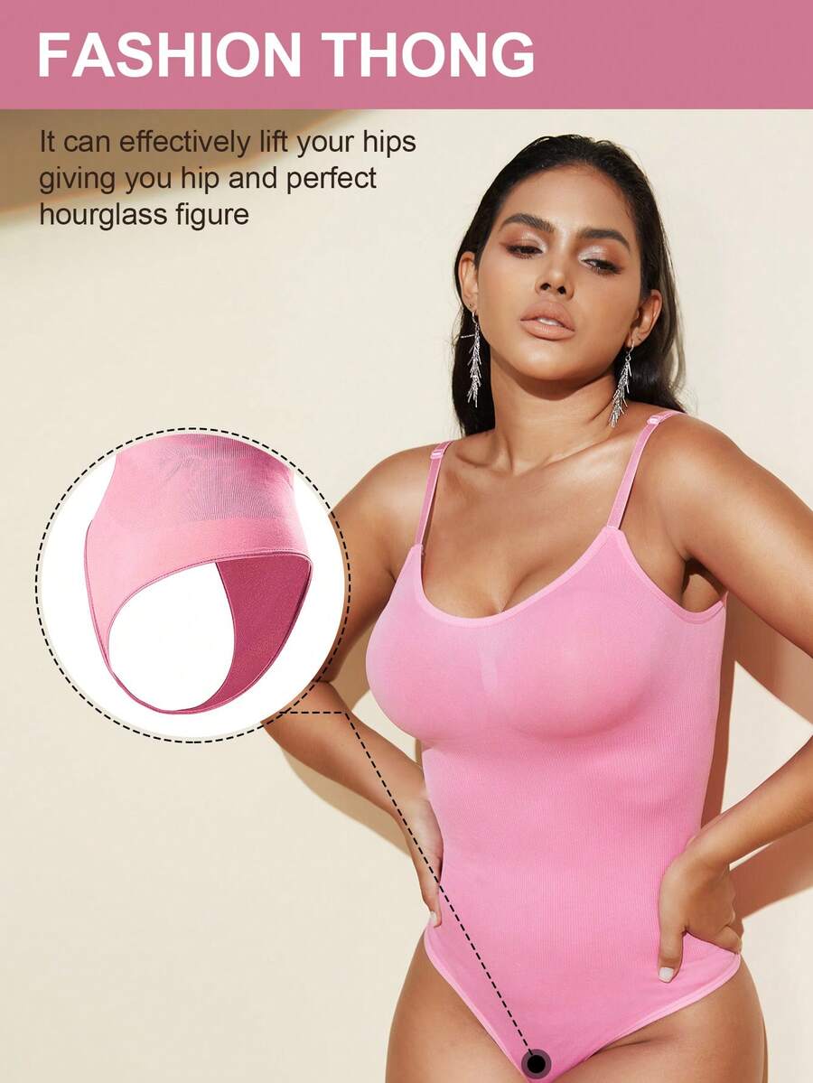 Brown seamless shapewear bodysuit featuring backless design, thong bottom, non-removable padding, and high-stretch fabric for tummy and waist control.