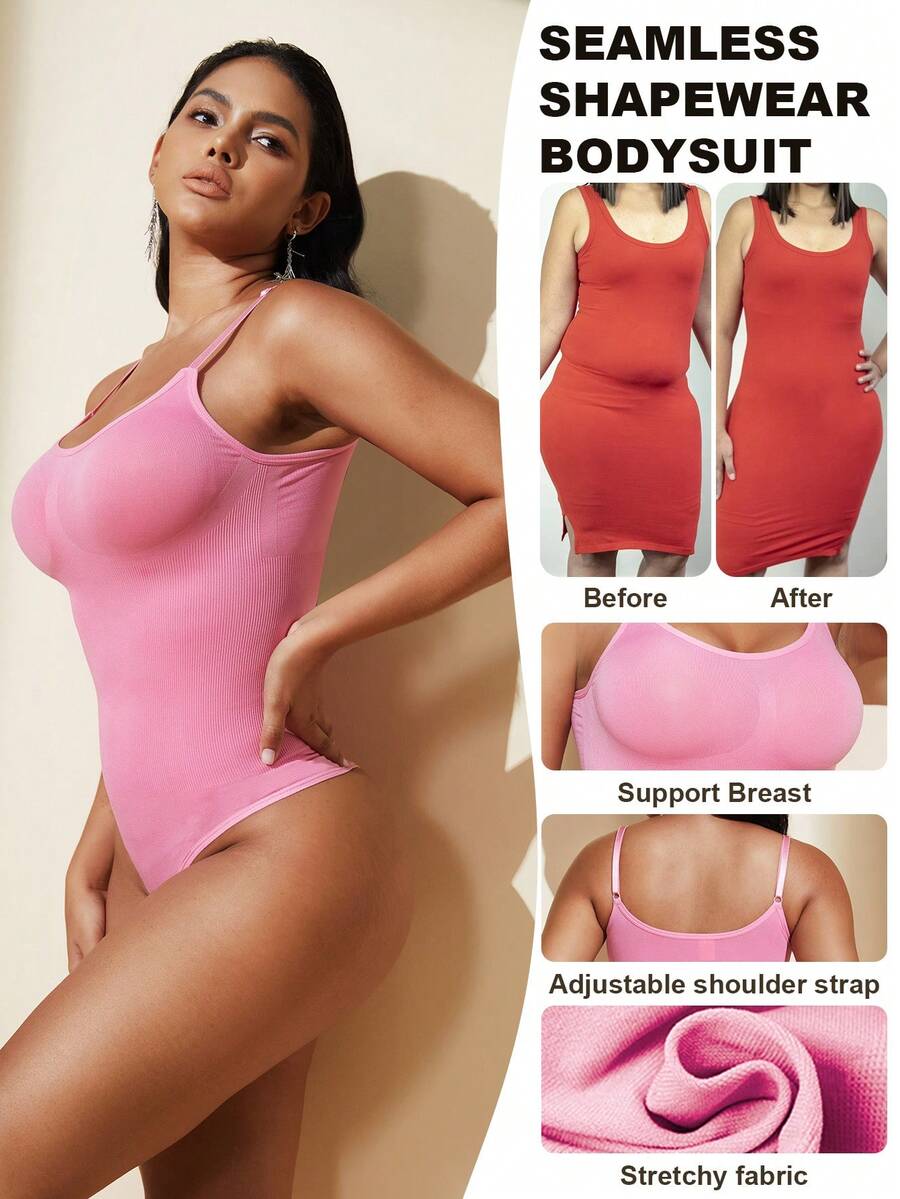 Brown seamless shapewear bodysuit featuring backless design, thong bottom, non-removable padding, and high-stretch fabric for tummy and waist control.