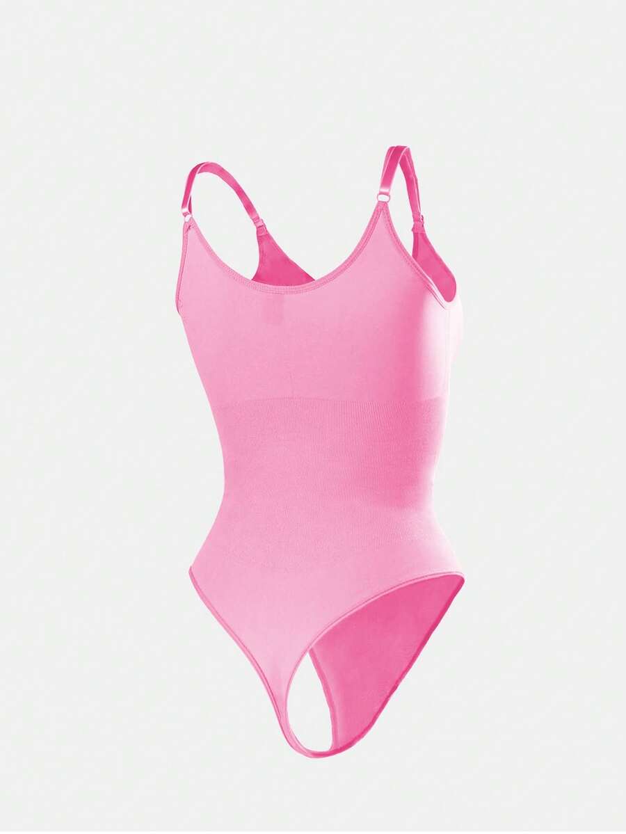 Brown seamless shapewear bodysuit featuring backless design, thong bottom, non-removable padding, and high-stretch fabric for tummy and waist control.