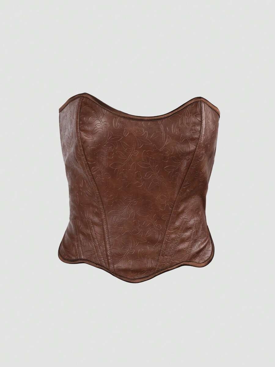 Brown vintage floral textured PU leather bustier crop top for women featuring a strapless backless design, steel boning, asymmetrical hem, and lace-up back detail.