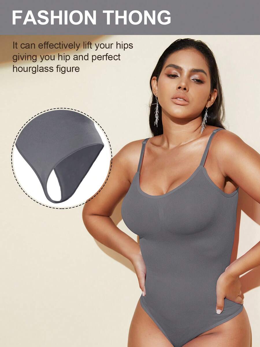 Brown seamless shapewear bodysuit featuring backless design, thong bottom, non-removable padding, and high-stretch fabric for tummy and waist control.