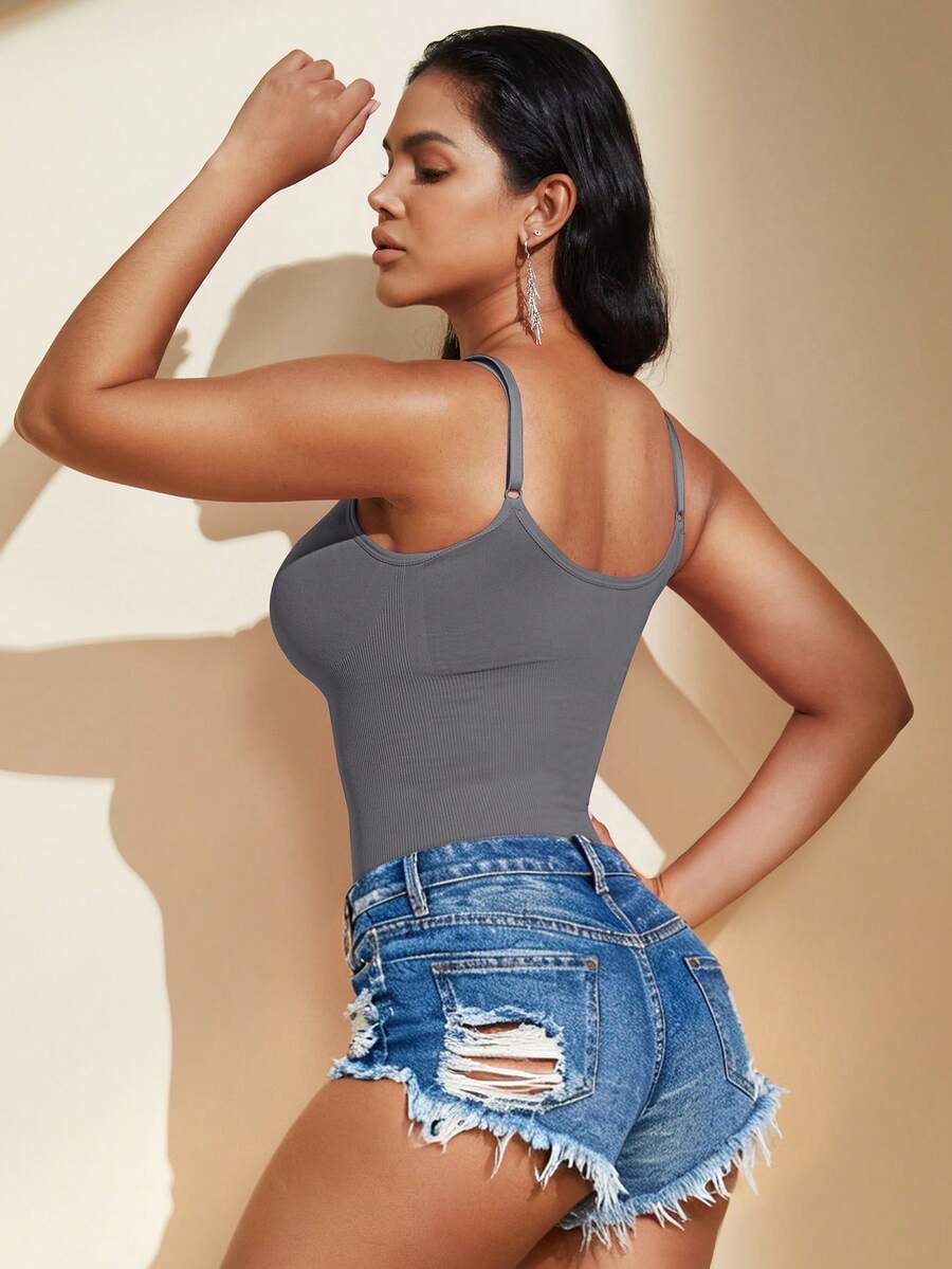 Brown seamless shapewear bodysuit featuring backless design, thong bottom, non-removable padding, and high-stretch fabric for tummy and waist control.