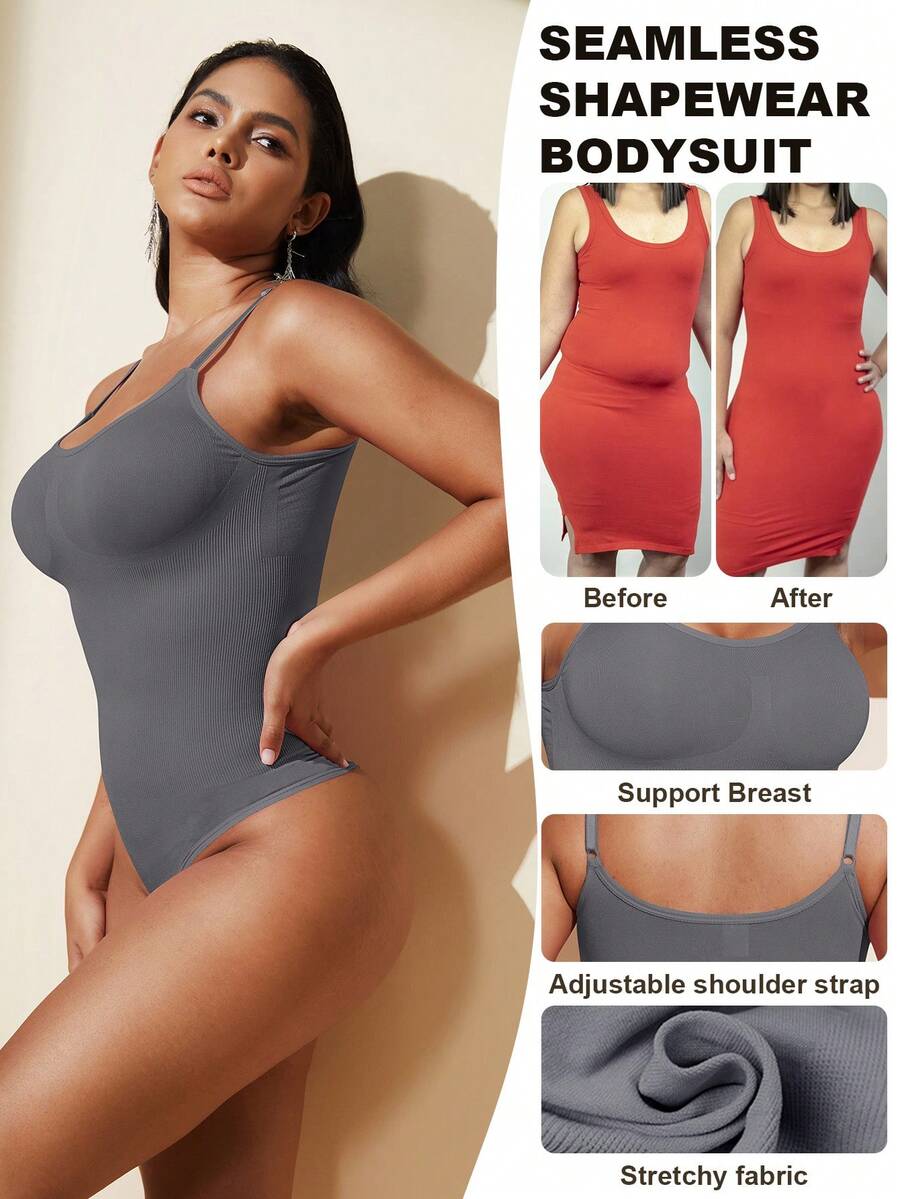 Brown seamless shapewear bodysuit featuring backless design, thong bottom, non-removable padding, and high-stretch fabric for tummy and waist control.