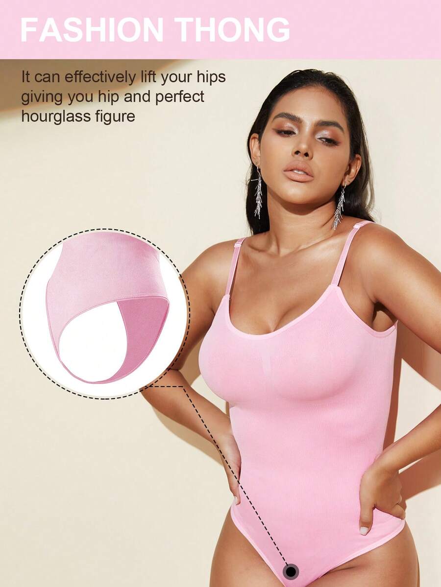 Brown seamless shapewear bodysuit featuring backless design, thong bottom, non-removable padding, and high-stretch fabric for tummy and waist control.