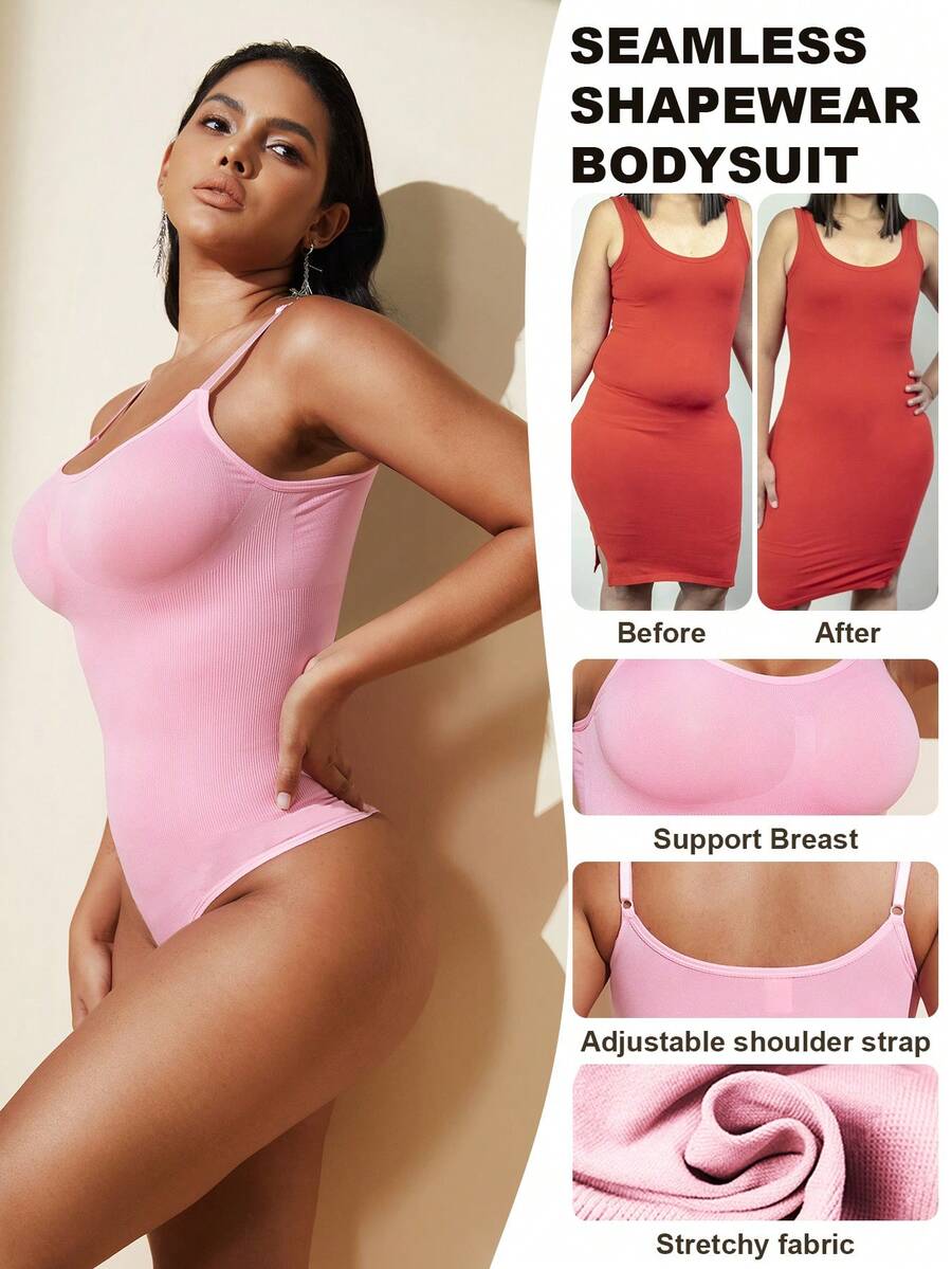 Brown seamless shapewear bodysuit featuring backless design, thong bottom, non-removable padding, and high-stretch fabric for tummy and waist control.