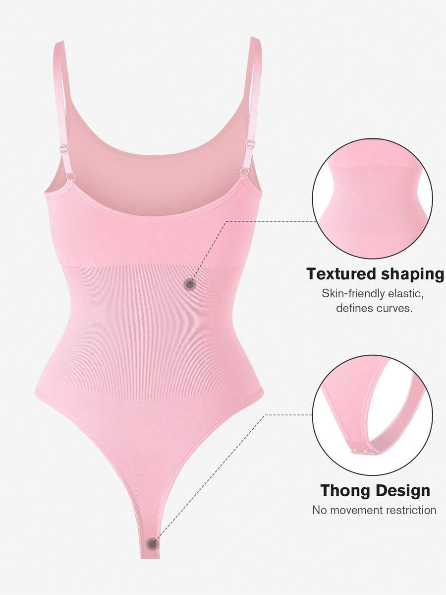 Brown seamless shapewear bodysuit featuring backless design, thong bottom, non-removable padding, and high-stretch fabric for tummy and waist control.