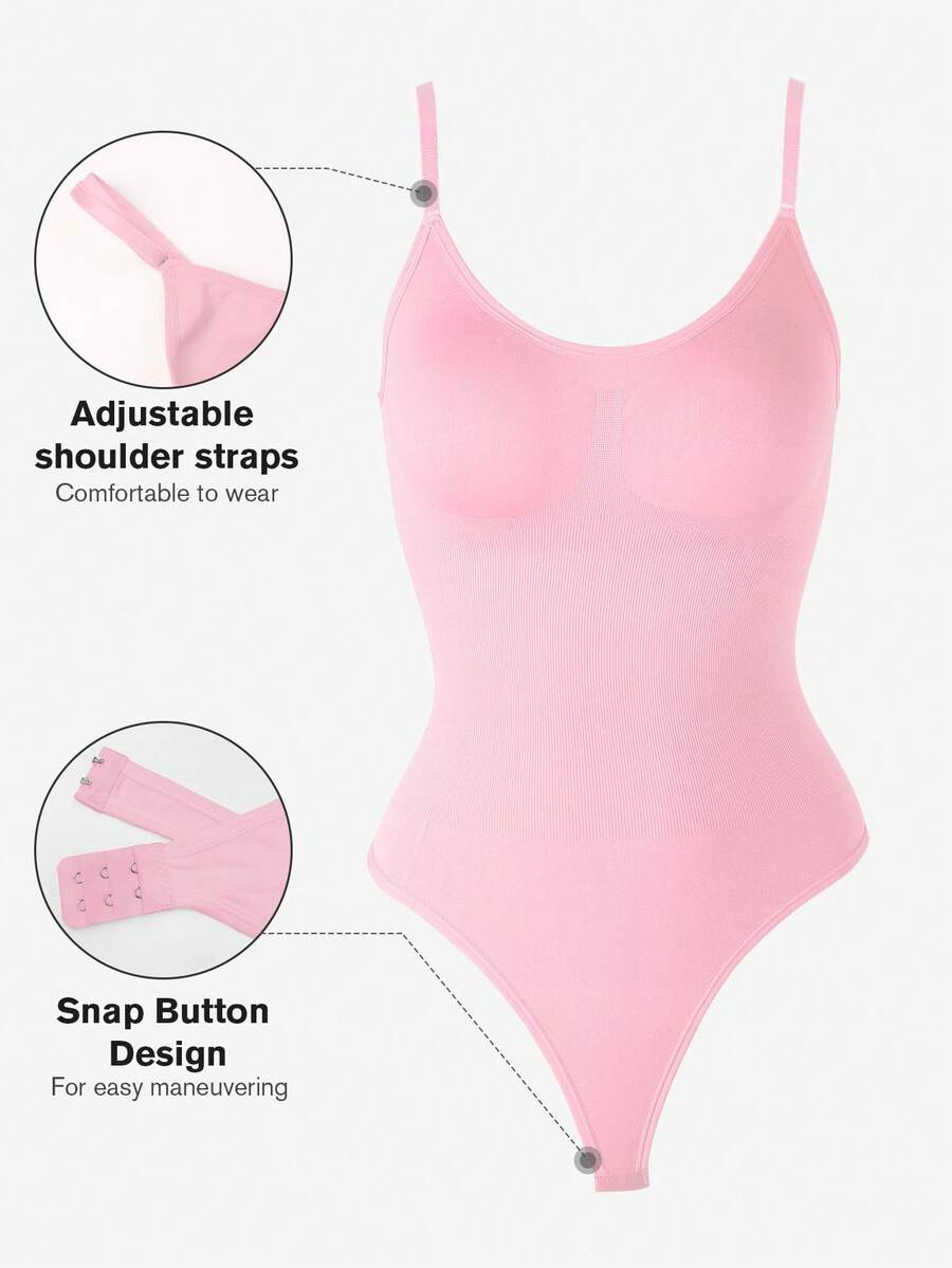 Brown seamless shapewear bodysuit featuring backless design, thong bottom, non-removable padding, and high-stretch fabric for tummy and waist control.
