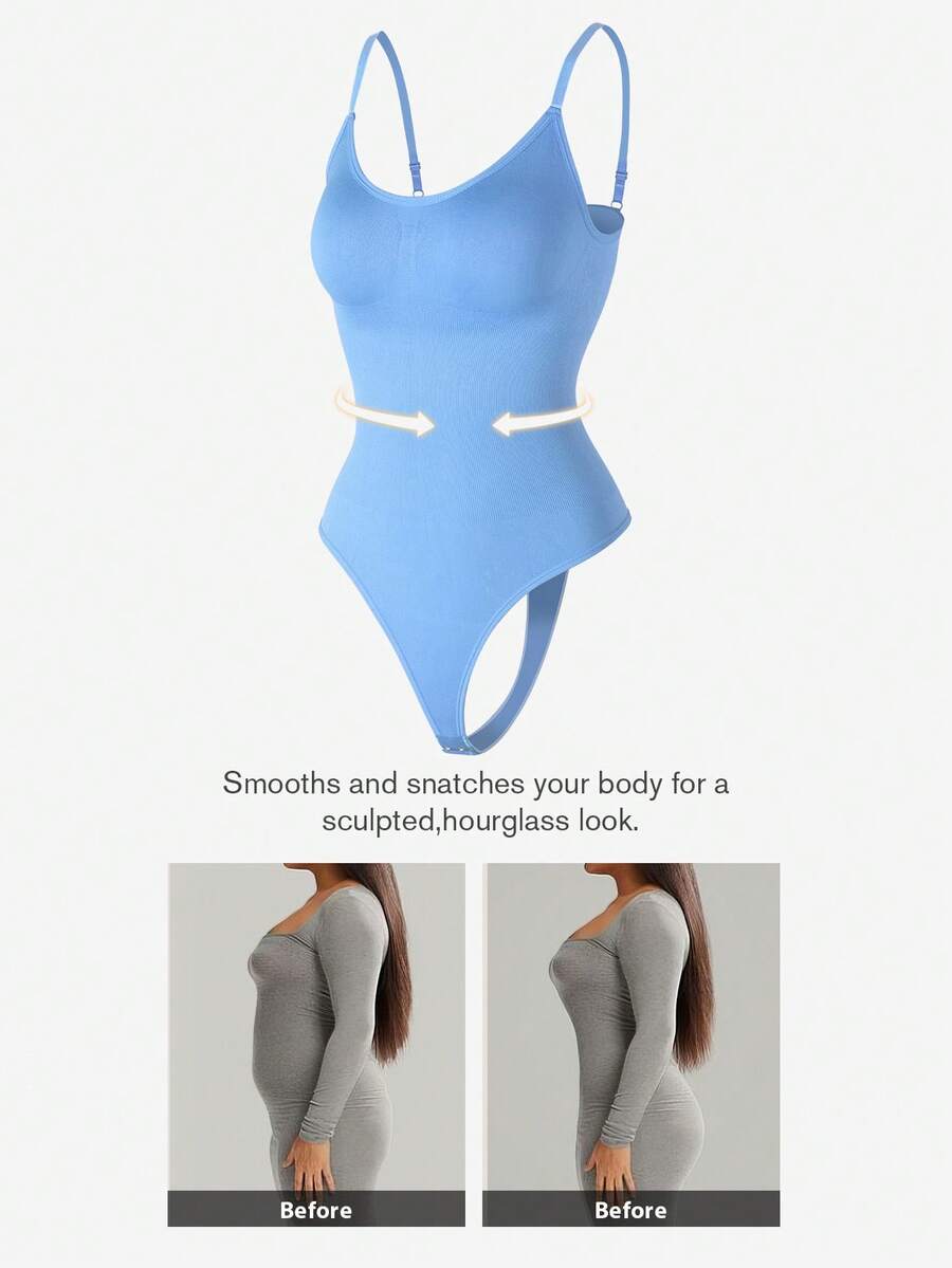 Brown seamless shapewear bodysuit featuring backless design, thong bottom, non-removable padding, and high-stretch fabric for tummy and waist control.