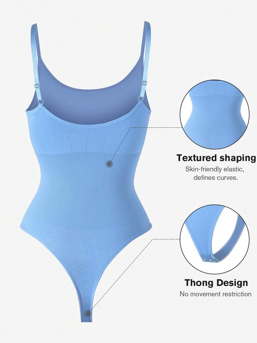 Brown seamless shapewear bodysuit featuring backless design, thong bottom, non-removable padding, and high-stretch fabric for tummy and waist control.