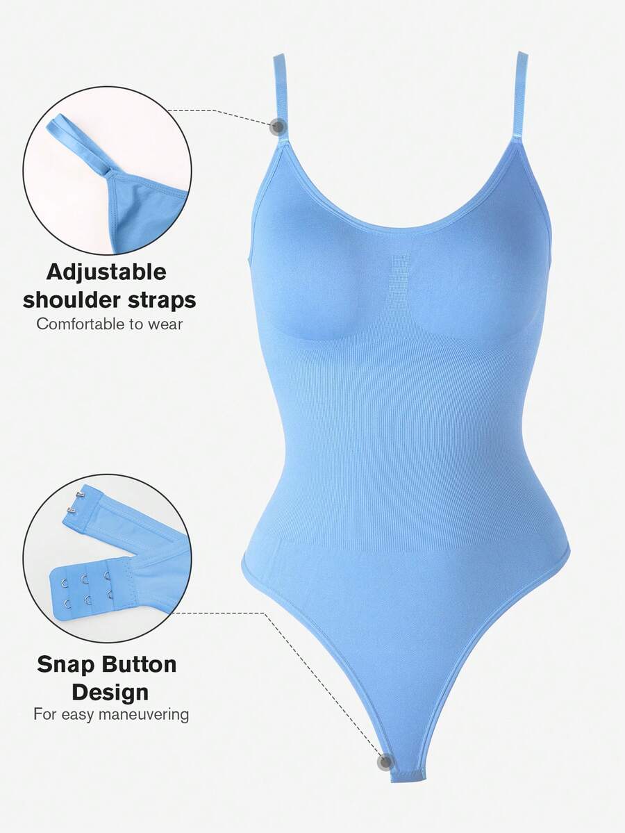 Brown seamless shapewear bodysuit featuring backless design, thong bottom, non-removable padding, and high-stretch fabric for tummy and waist control.