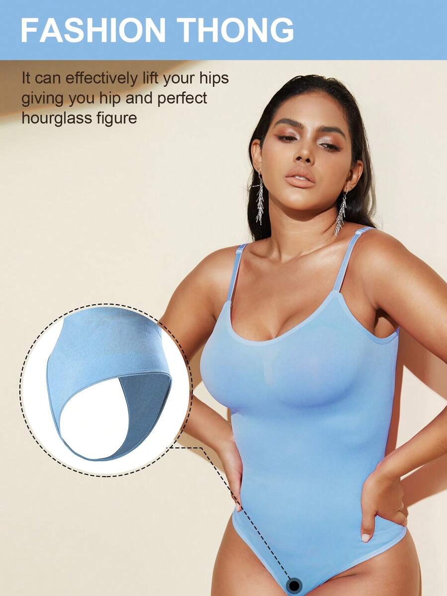 Brown seamless shapewear bodysuit featuring backless design, thong bottom, non-removable padding, and high-stretch fabric for tummy and waist control.