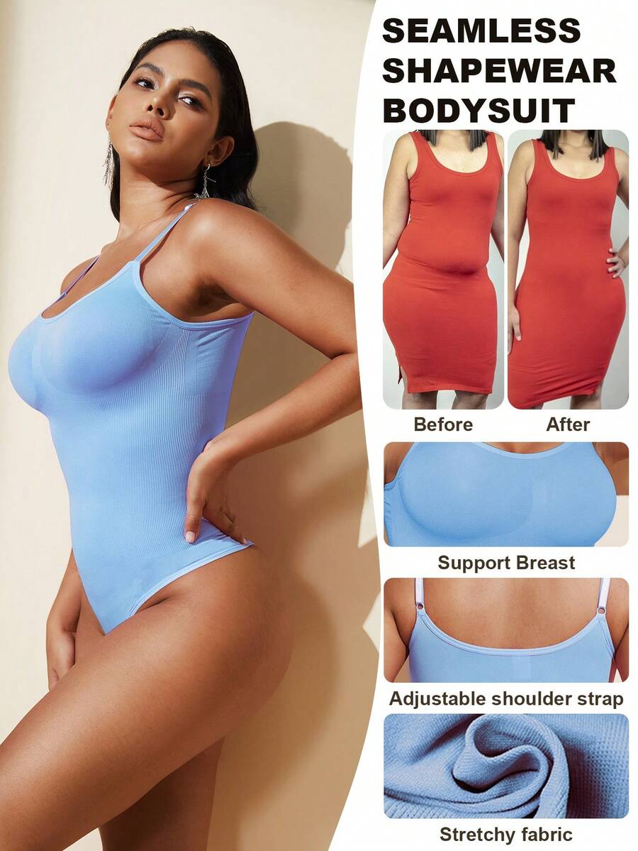 Brown seamless shapewear bodysuit featuring backless design, thong bottom, non-removable padding, and high-stretch fabric for tummy and waist control.