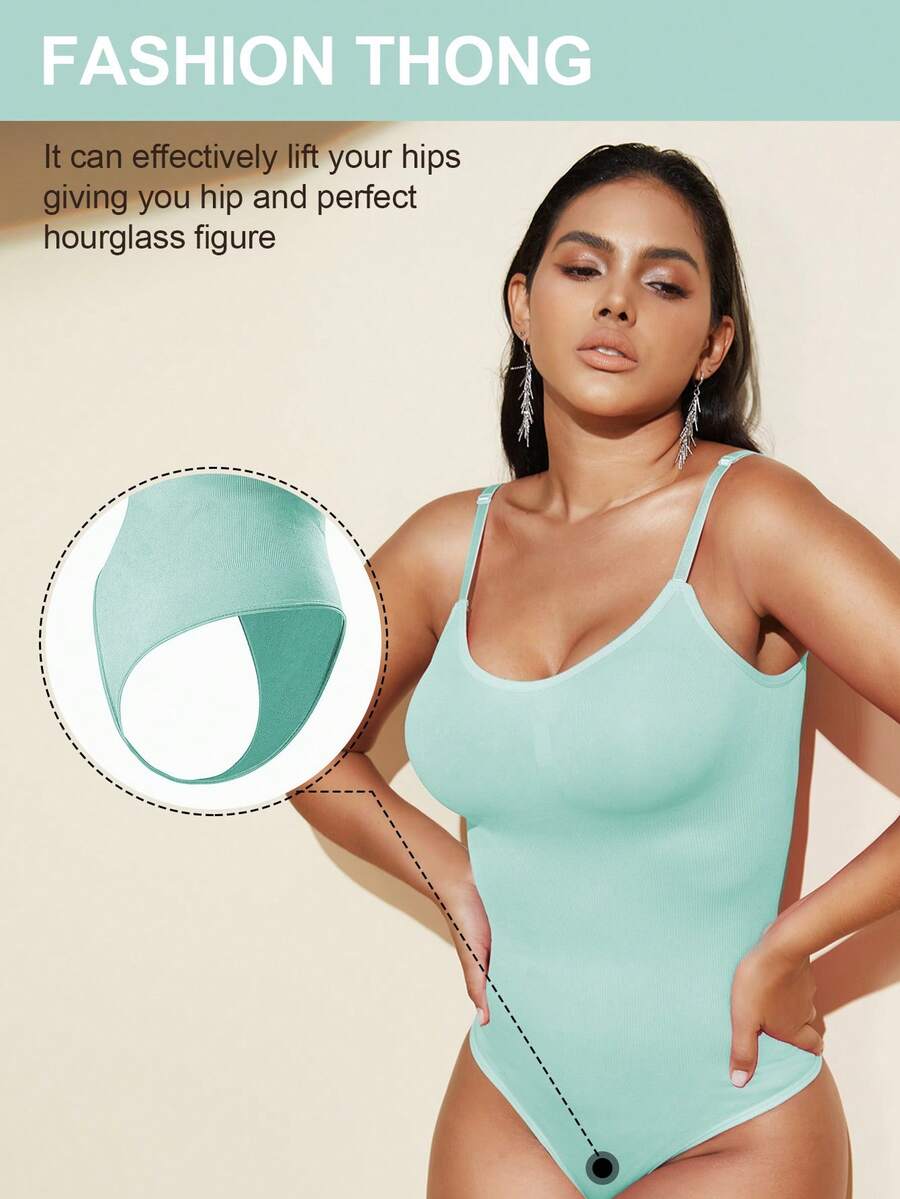 Brown seamless shapewear bodysuit featuring backless design, thong bottom, non-removable padding, and high-stretch fabric for tummy and waist control.