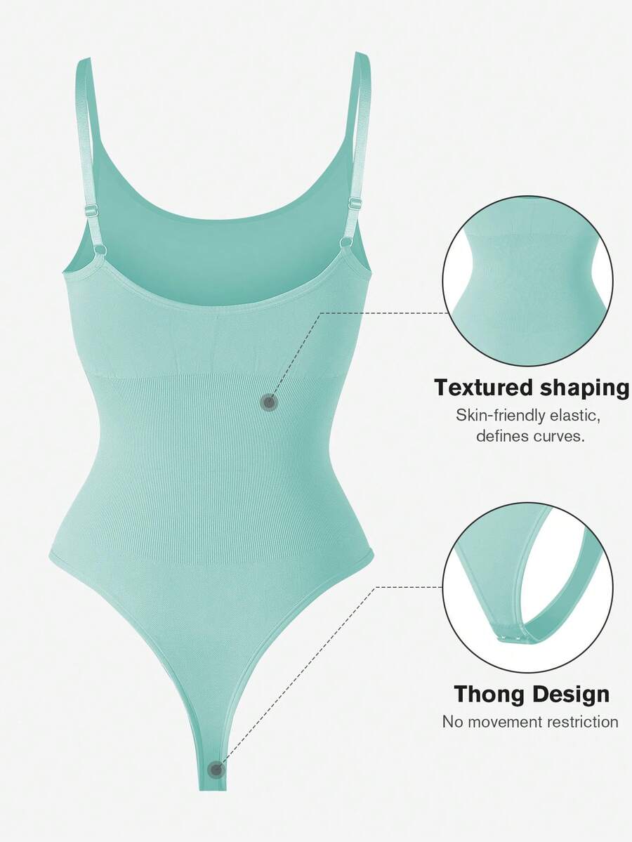 Brown seamless shapewear bodysuit featuring backless design, thong bottom, non-removable padding, and high-stretch fabric for tummy and waist control.