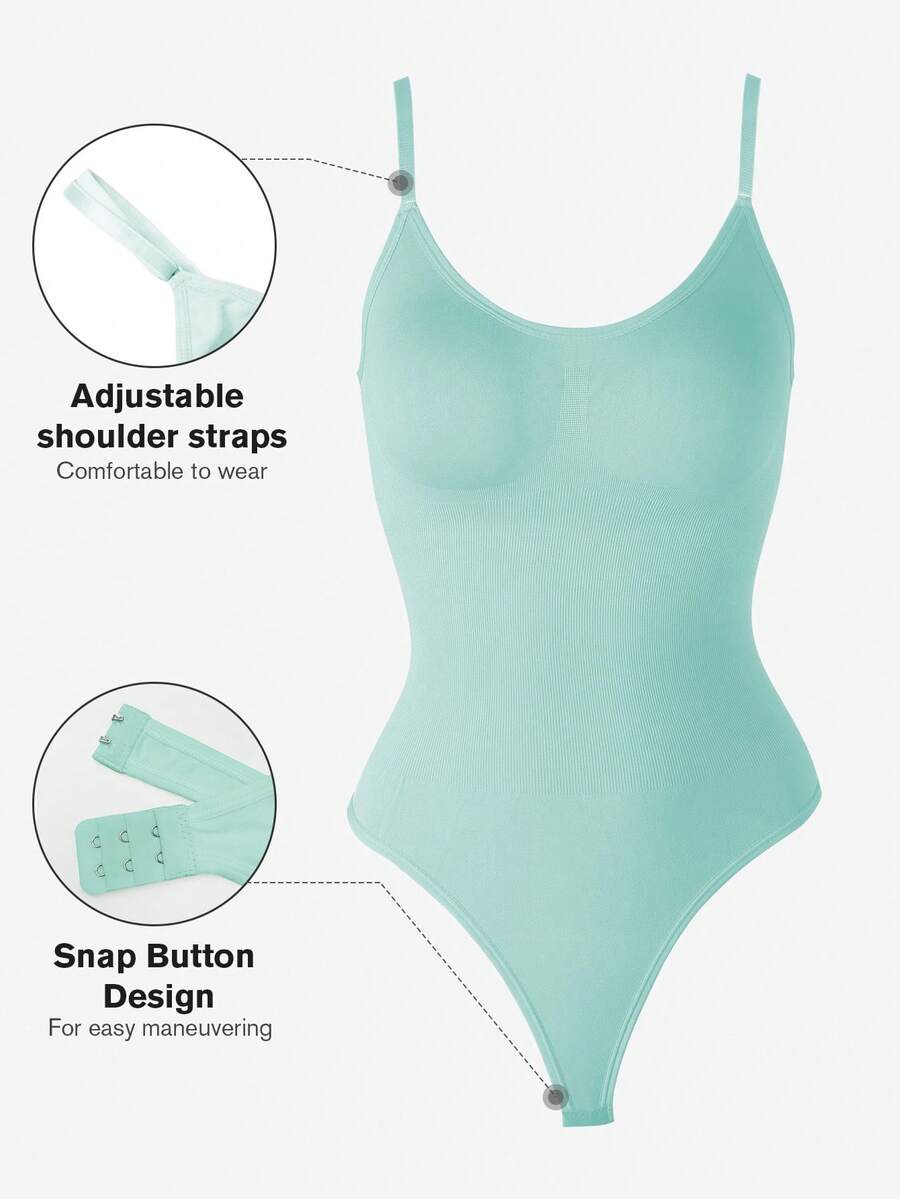 Brown seamless shapewear bodysuit featuring backless design, thong bottom, non-removable padding, and high-stretch fabric for tummy and waist control.