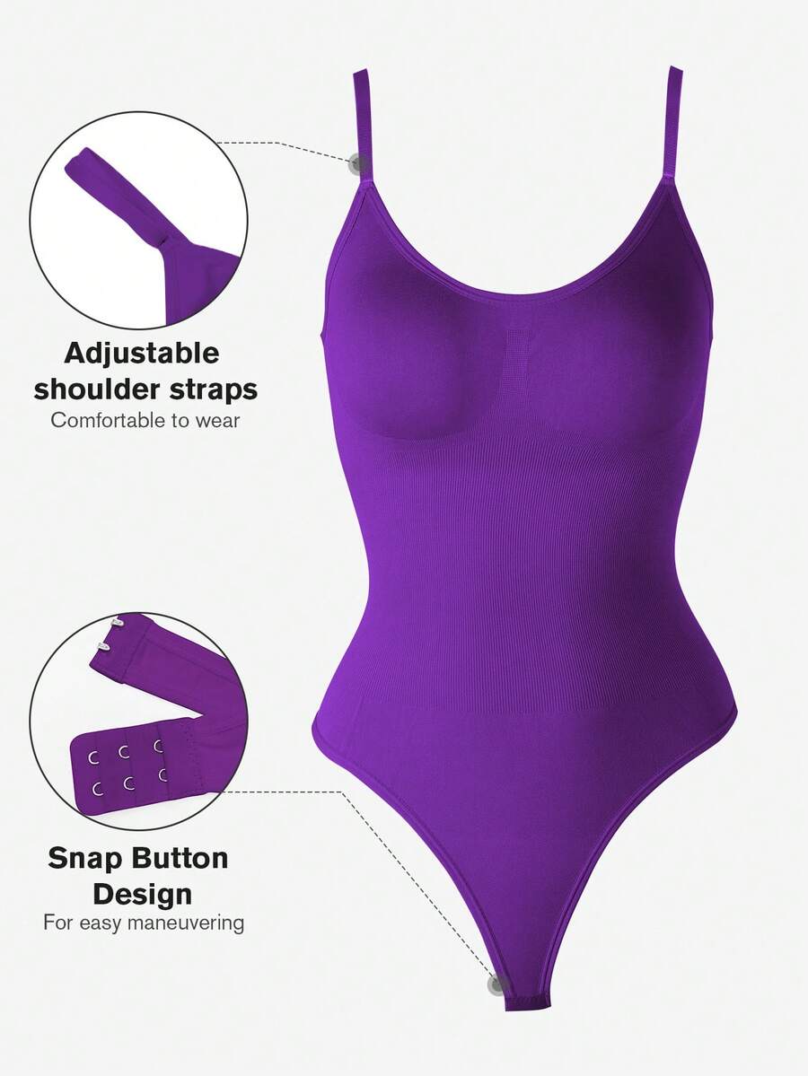 Brown seamless shapewear bodysuit featuring backless design, thong bottom, non-removable padding, and high-stretch fabric for tummy and waist control.