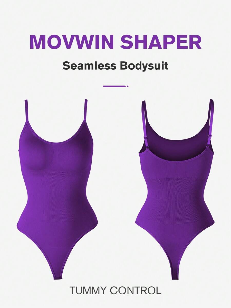 Brown seamless shapewear bodysuit featuring backless design, thong bottom, non-removable padding, and high-stretch fabric for tummy and waist control.