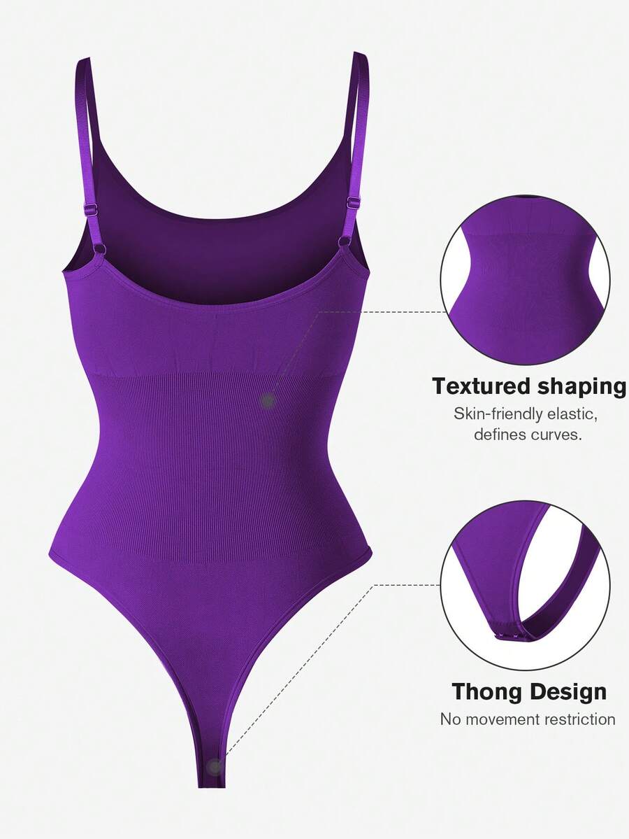 Brown seamless shapewear bodysuit featuring backless design, thong bottom, non-removable padding, and high-stretch fabric for tummy and waist control.