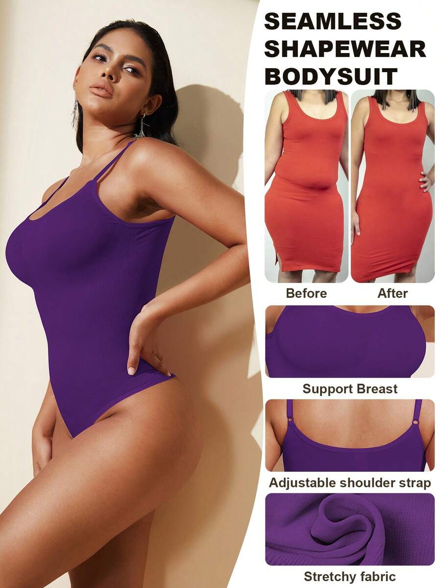 Brown seamless shapewear bodysuit featuring backless design, thong bottom, non-removable padding, and high-stretch fabric for tummy and waist control.