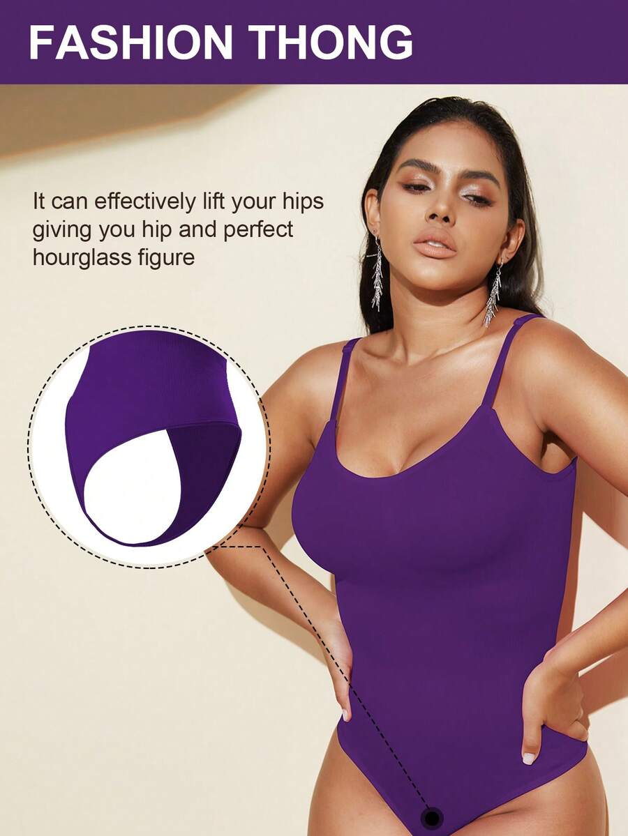 Brown seamless shapewear bodysuit featuring backless design, thong bottom, non-removable padding, and high-stretch fabric for tummy and waist control.