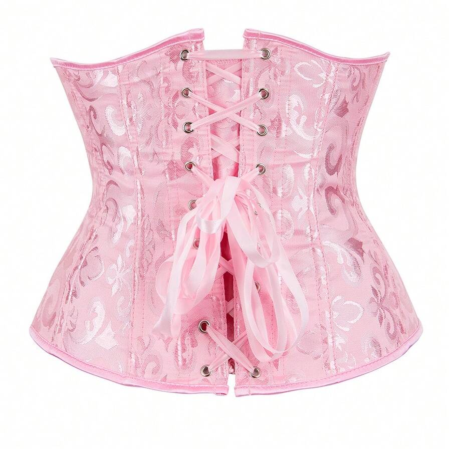 Vintage lace-up waist trainer corset with grommet eyelet details and plant pattern, designed for Halloween styling.