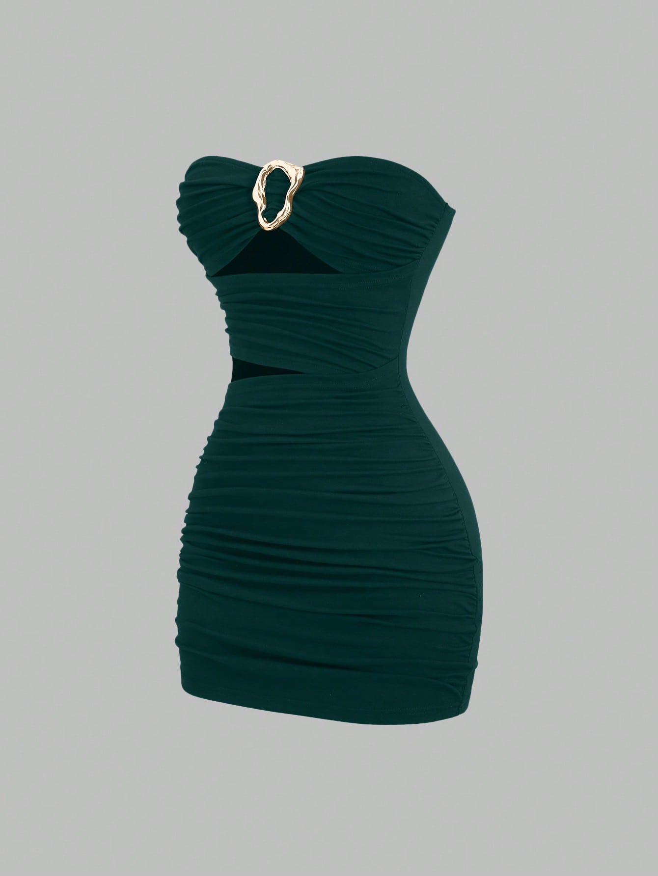 Women's black strapless bodycon mini dress featuring ruched detailing, cut-out design with ring accent, mid-waist pencil hem, and slim fit knitted stretch fabric.