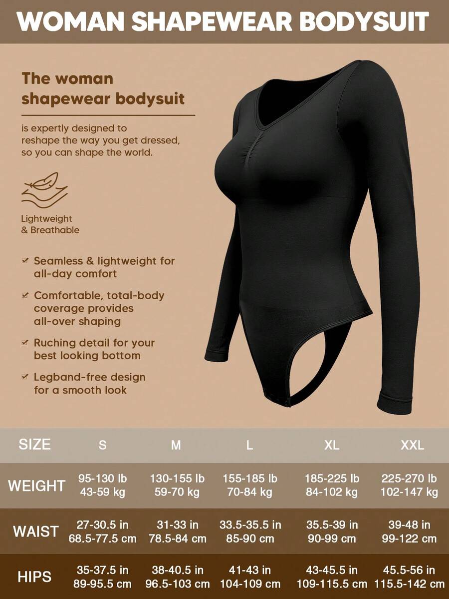 Women's long sleeve shapewear bodysuit featuring tummy control and waist training support