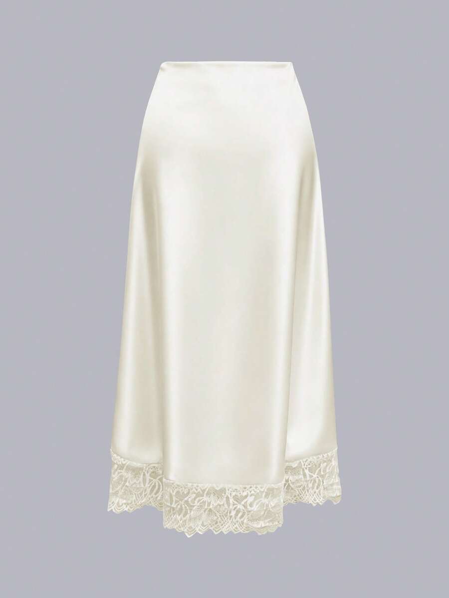 Elegant apricot long satin straight skirt for women featuring an asymmetrical split detail and mid waist fit.