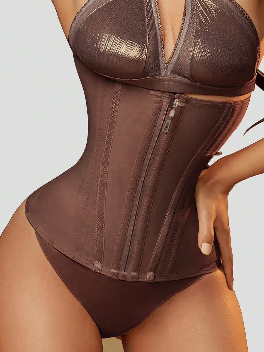 Women's latex waist trainer body shaper featuring zipper front closure and strong tummy support.