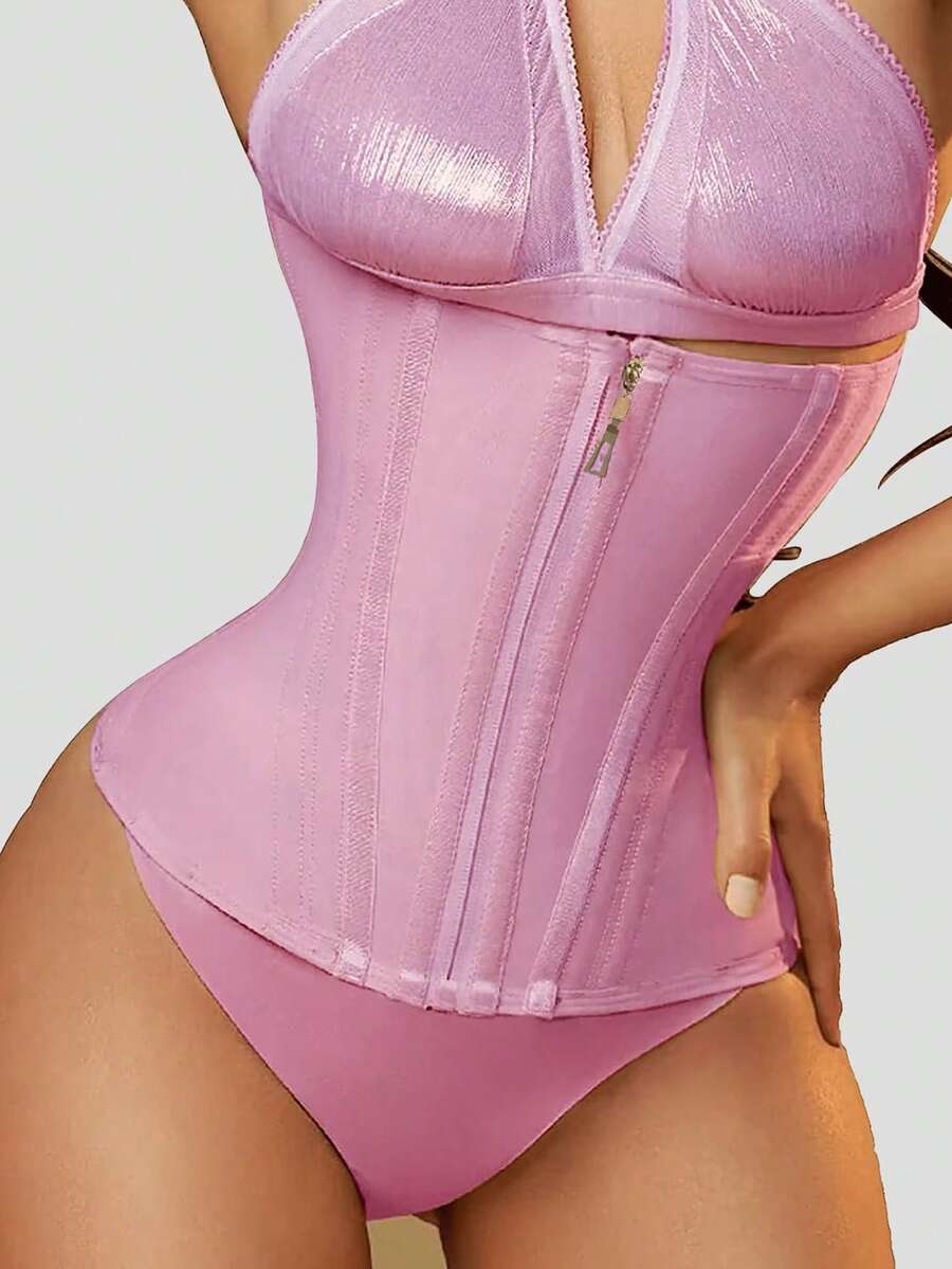 Women's latex waist trainer body shaper featuring zipper front closure and strong tummy support.