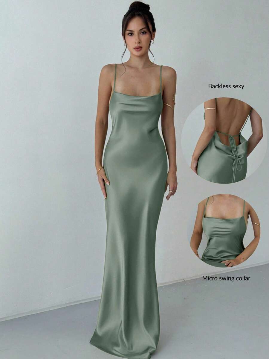 Beige satin backless maxi dress featuring criss-cross spaghetti straps and a mermaid hemline.