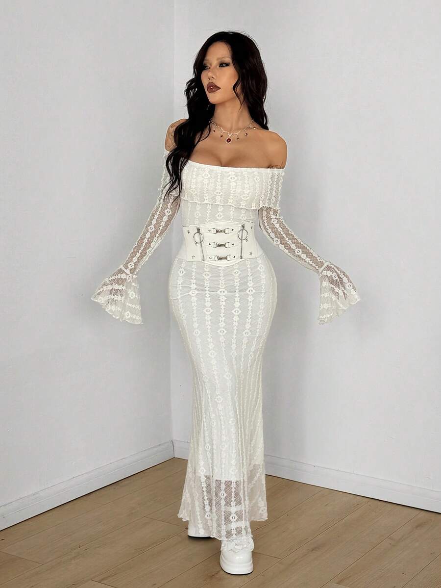 Women's white off the shoulder long sleeve lace dress featuring a slim fit silhouette.
