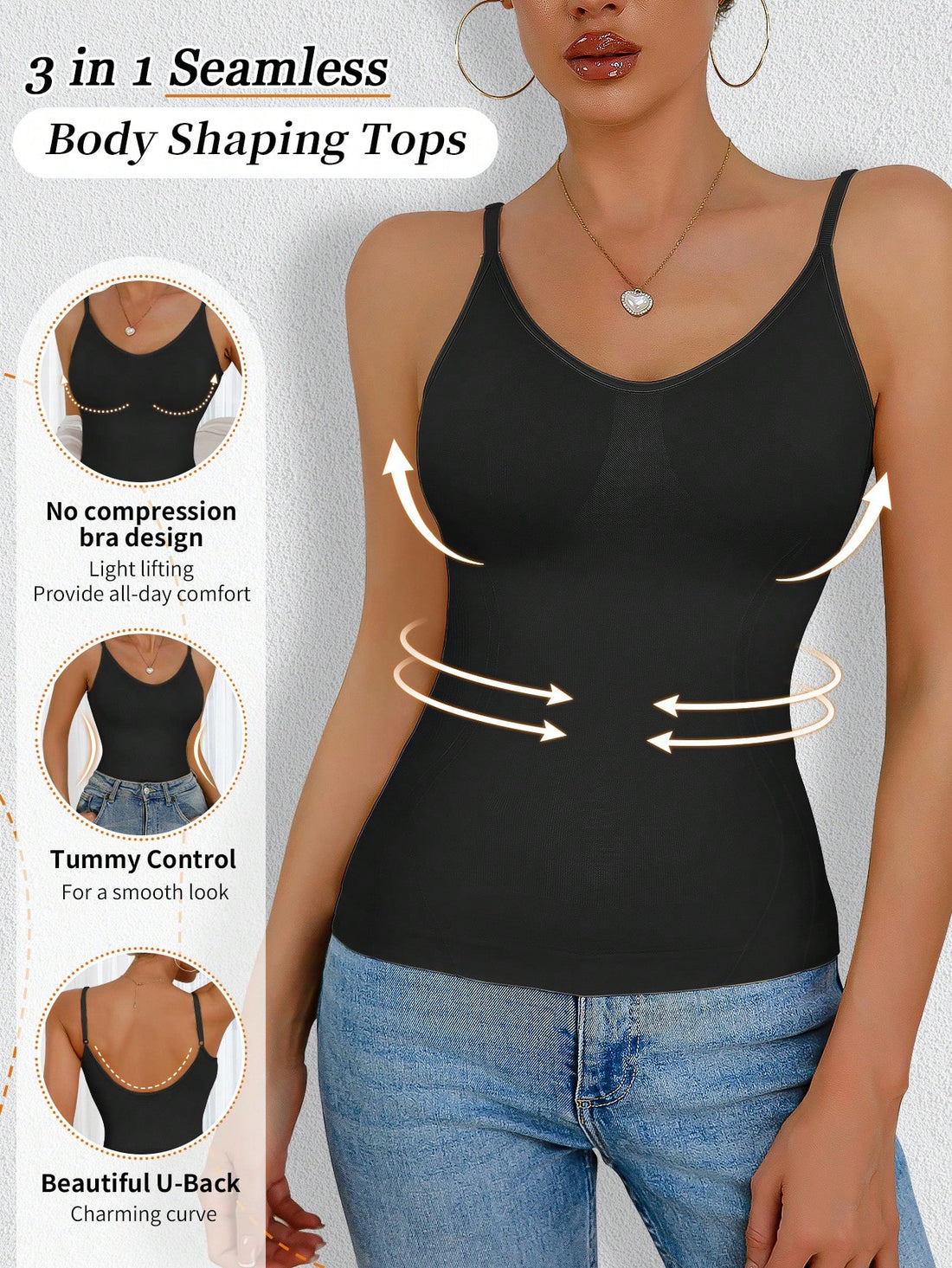 Women's black seamless shaping camisole top featuring a deep V-neckline, backless cut, and high-stretch fabric for waist and tummy control.