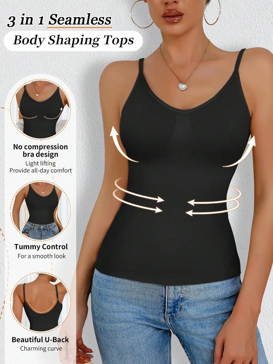 Women's black seamless shaping camisole top featuring a deep V-neckline, backless cut, and high-stretch fabric for waist and tummy control.