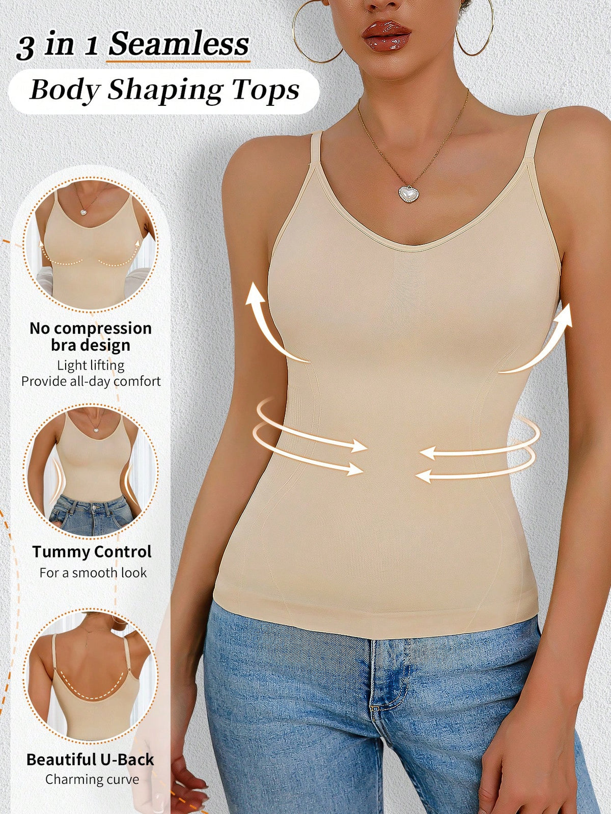 Women's black seamless shaping camisole top featuring a deep V-neckline, backless cut, and high-stretch fabric for waist and tummy control.