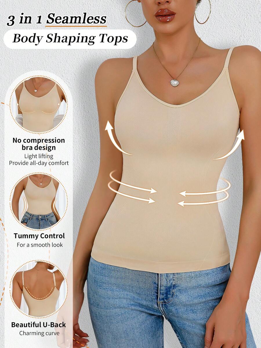 Women's black seamless shaping camisole top featuring a deep V-neckline, backless cut, and high-stretch fabric for waist and tummy control.