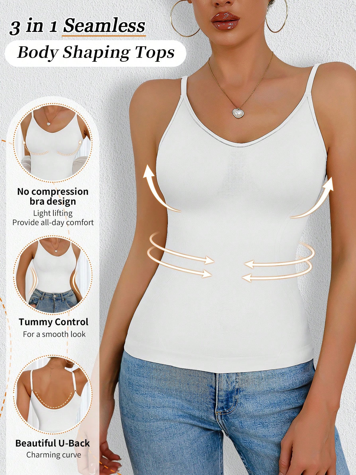 Women's black seamless shaping camisole top featuring a deep V-neckline, backless cut, and high-stretch fabric for waist and tummy control.