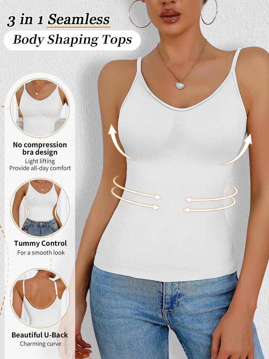 Women's black seamless shaping camisole top featuring a deep V-neckline, backless cut, and high-stretch fabric for waist and tummy control.