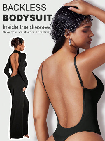 Women's seamless backless shaping bodysuit with thong bottom, high stretch knitted fabric, and built-in padding.