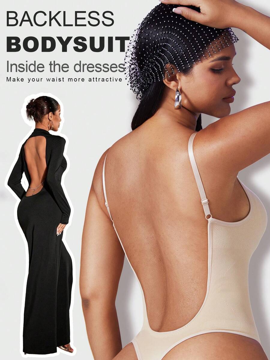 Women's seamless backless shaping bodysuit with thong bottom, high stretch knitted fabric, and built-in padding.