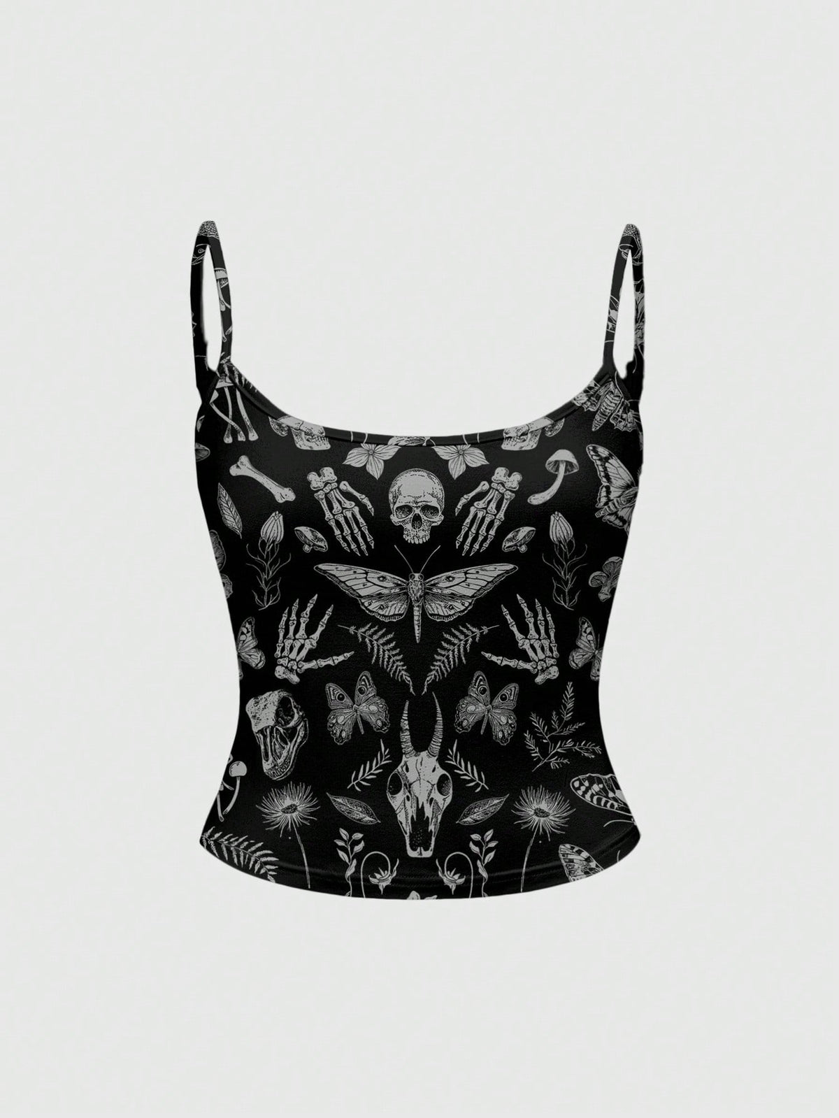 Black rib-knit gothic camisole tank top with a heart skull graphic print, spaghetti straps, and matching separate arm sleeves.