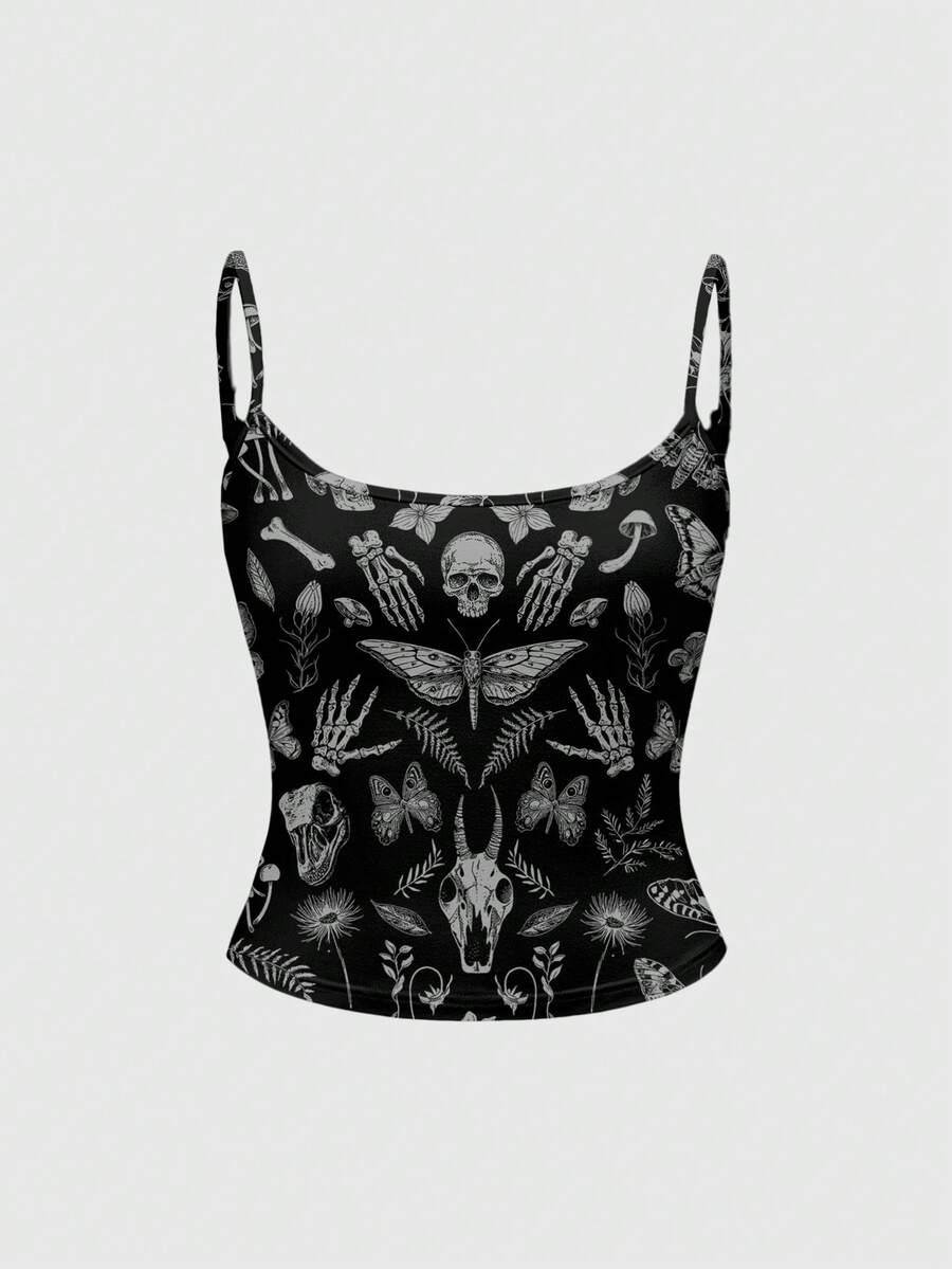 Black rib-knit gothic camisole tank top with a heart skull graphic print, spaghetti straps, and matching separate arm sleeves.