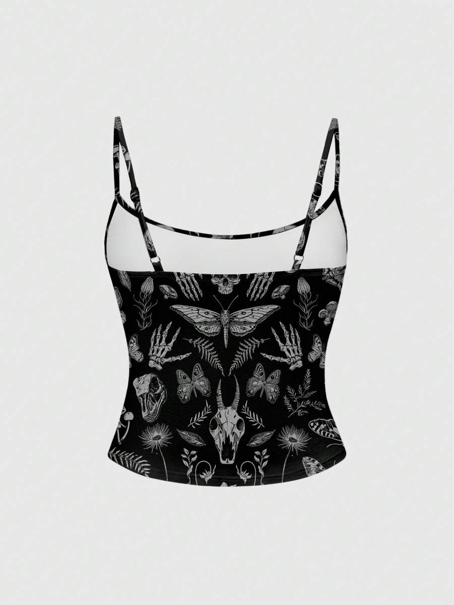 Black rib-knit gothic camisole tank top with a heart skull graphic print, spaghetti straps, and matching separate arm sleeves.