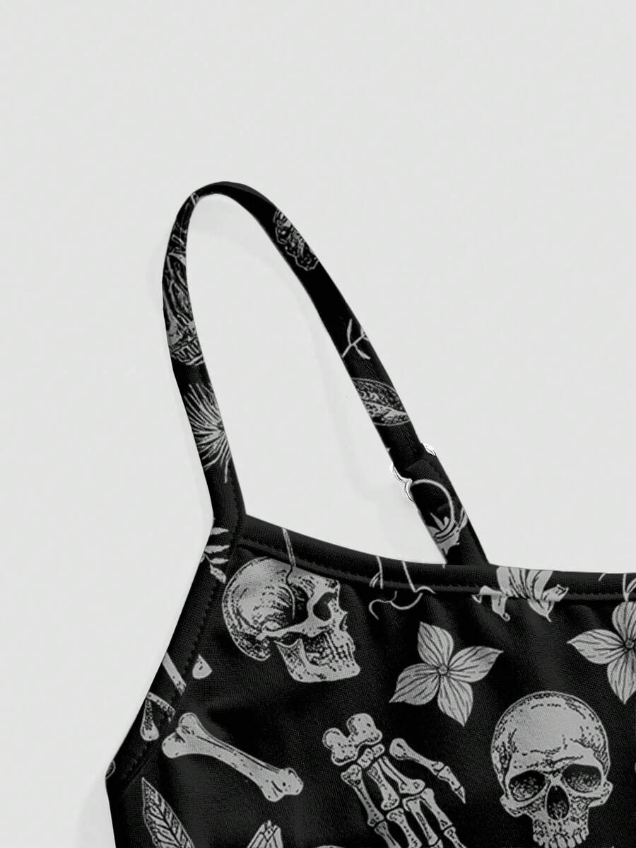 Black rib-knit gothic camisole tank top with a heart skull graphic print, spaghetti straps, and matching separate arm sleeves.