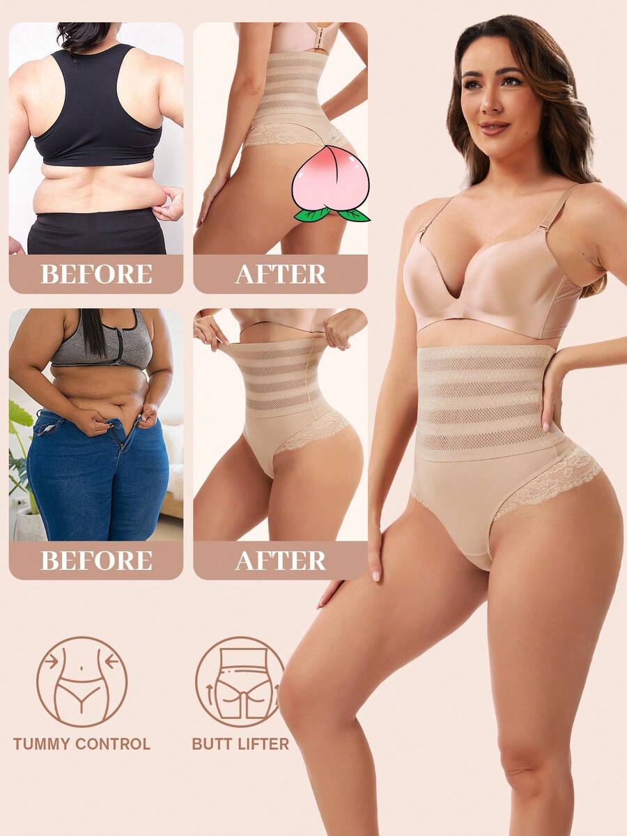 Women's black high waist tummy control shaping thong with contrast lace details and medium compression support.